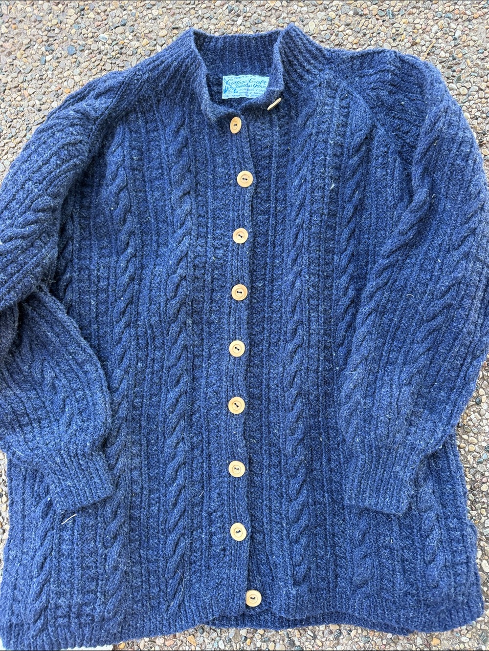 Vintage hand knit, Cottage craft Wool cardigan, Canada, blue grandma fisherman